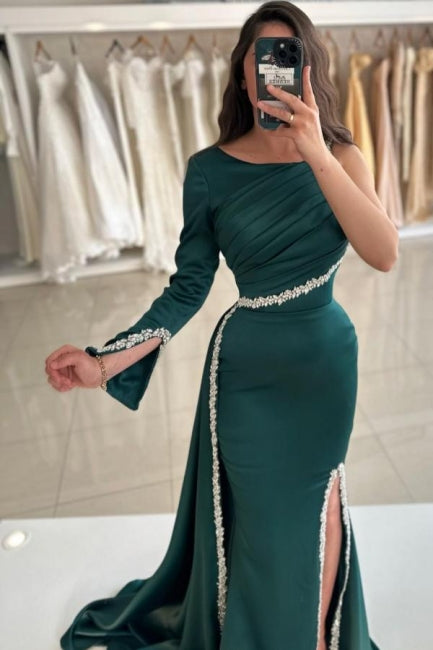 Dreamyannie Dark Green Prom Dress Mermaid One Shoulder Beaded Panel Train Satin Slit Formal Dress