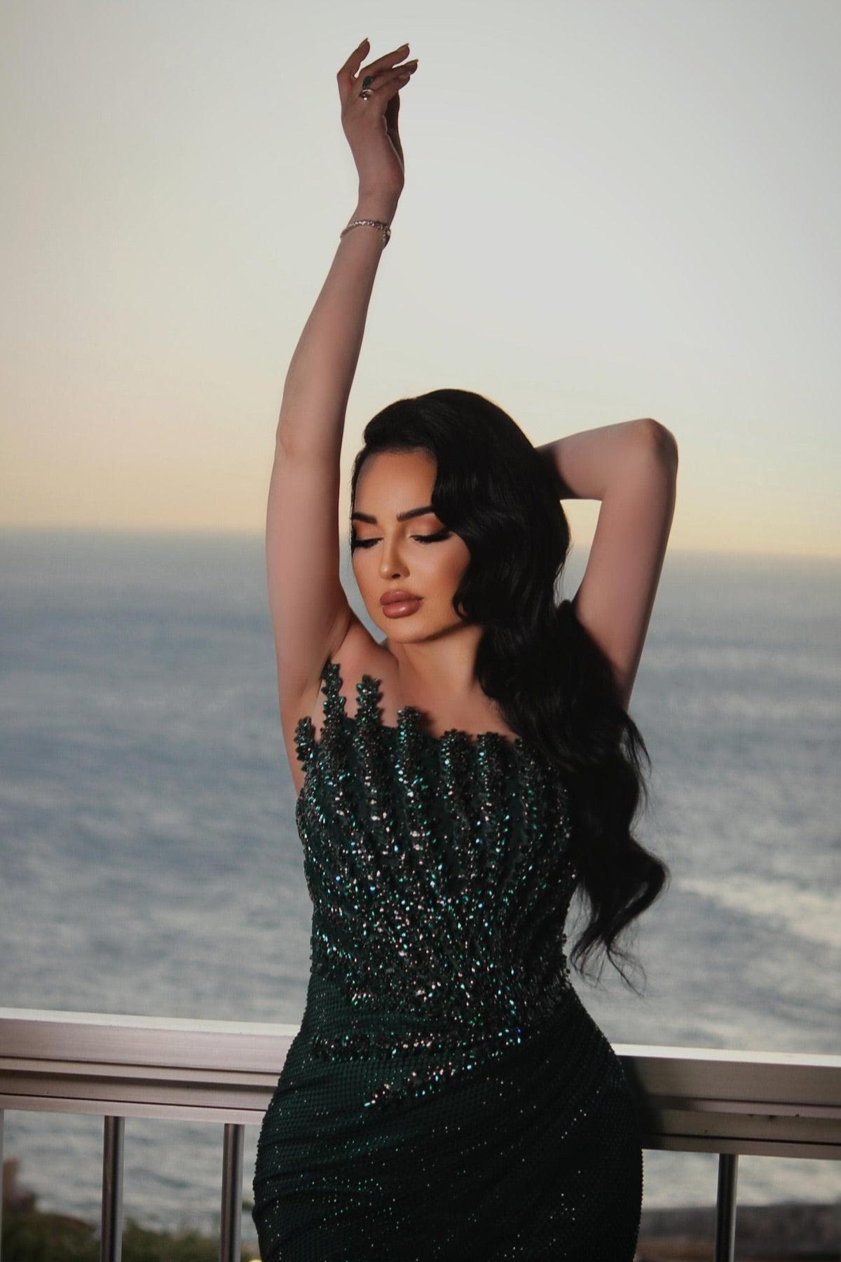 Dreamyannie Dark Green Prom Dress Mermaid Strapless Beaded Sleeveless Formal Dress With Rhinestones