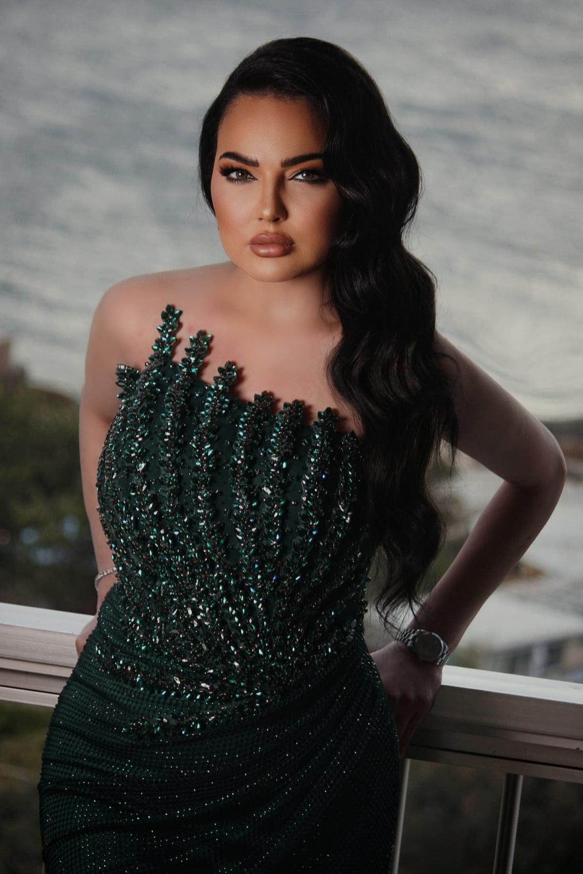 Dreamyannie Dark Green Prom Dress Mermaid Strapless Beaded Sleeveless Formal Dress With Rhinestones