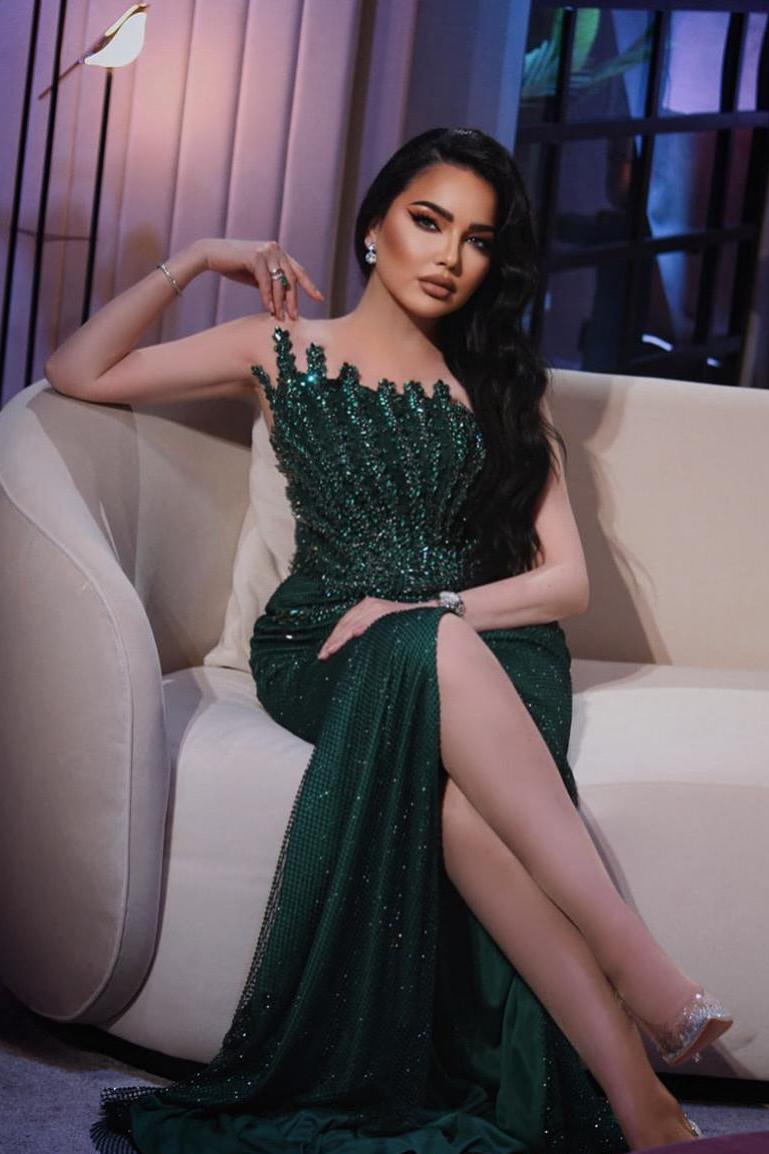 Dreamyannie Dark Green Prom Dress Mermaid Strapless Beaded Sleeveless Formal Dress With Rhinestones