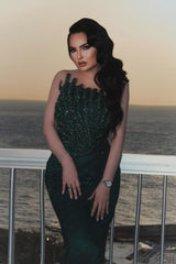 Dreamyannie Dark Green Prom Dress Mermaid Strapless Beaded Sleeveless Formal Dress With Rhinestones