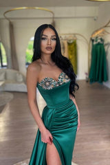 Dreamyannie Dark Green Prom Dress Mermaid Strapless Satin Beading Formal Dress With Slit