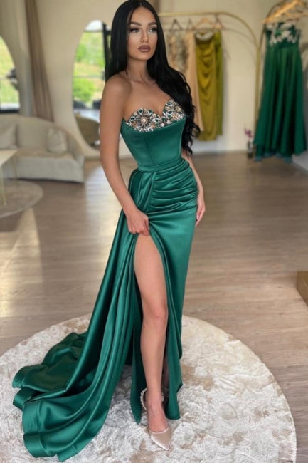 Dreamyannie Dark Green Prom Dress Mermaid Strapless Satin Beading Formal Dress With Slit