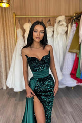 Dreamyannie Dark Green Prom Dress Mermaid Sweetheart Sequined Panel Train Satin Formal Dress With Slit