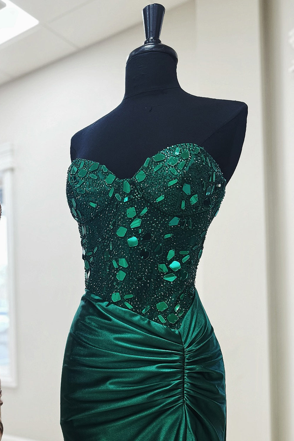 Dreamyannie Dark Green Prom Dress Mirror Mermaid Sweetheart Long Formal Dress With Slit