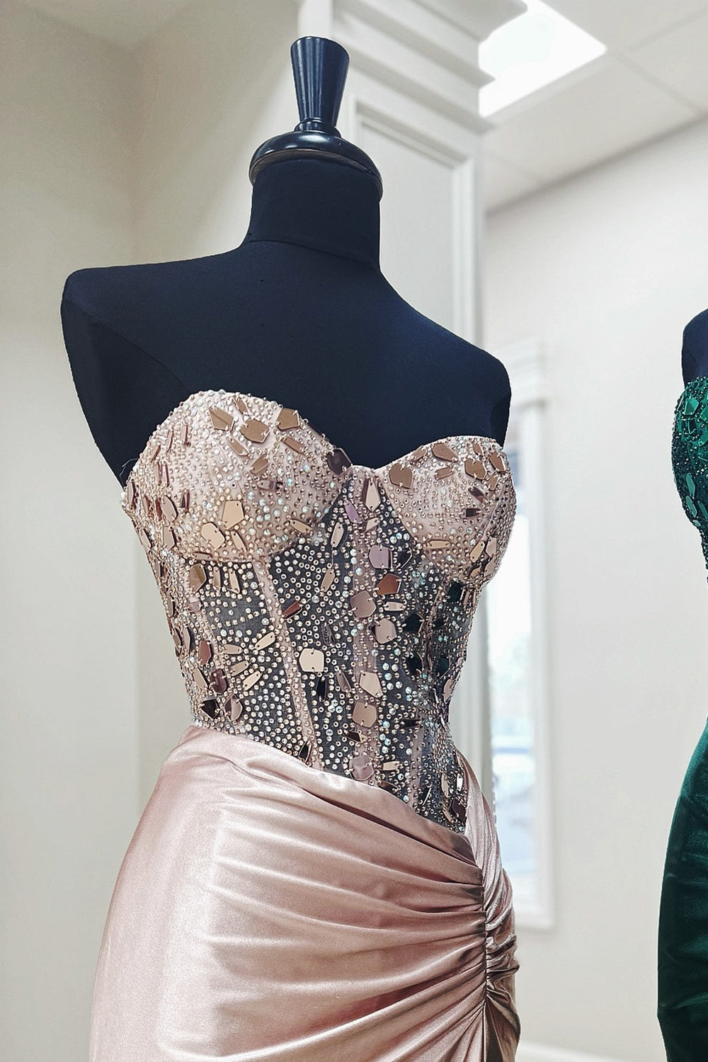 Dreamyannie Dark Green Prom Dress Mirror Mermaid Sweetheart Long Formal Dress With Slit