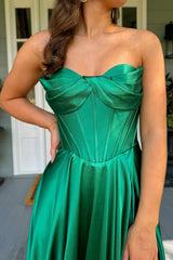 Dreamyannie Dark Green Prom Dress Satin Corset A Line Formal Dress With Slit