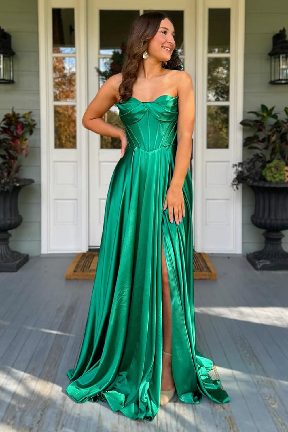 Dreamyannie Dark Green Prom Dress Satin Corset A Line Formal Dress With Slit