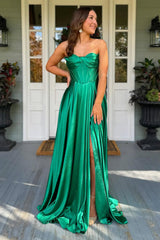 Dreamyannie Dark Green Prom Dress Satin Corset A Line Formal Dress With Slit