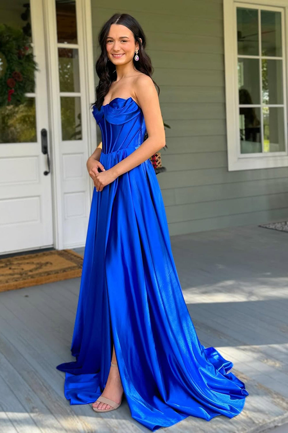 Dreamyannie Dark Green Prom Dress Satin Corset A Line Formal Dress With Slit