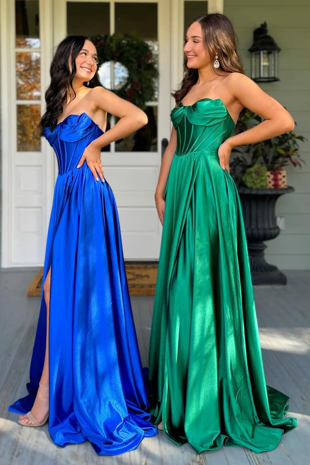 Dreamyannie Dark Green Prom Dress Satin Corset A Line Formal Dress With Slit