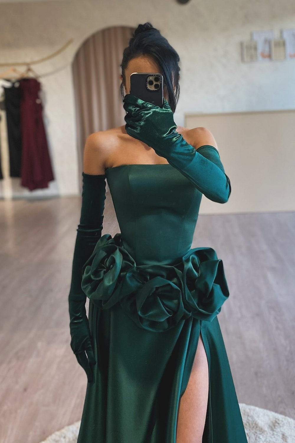 Dreamyannie Dark Green Prom Dress Strapless A Line Sleeveless Slit Satin Formal Dress