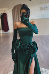 Dreamyannie Dark Green Prom Dress Strapless A Line Sleeveless Slit Satin Formal Dress