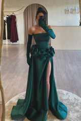 Dreamyannie Dark Green Prom Dress Strapless A Line Sleeveless Slit Satin Formal Dress