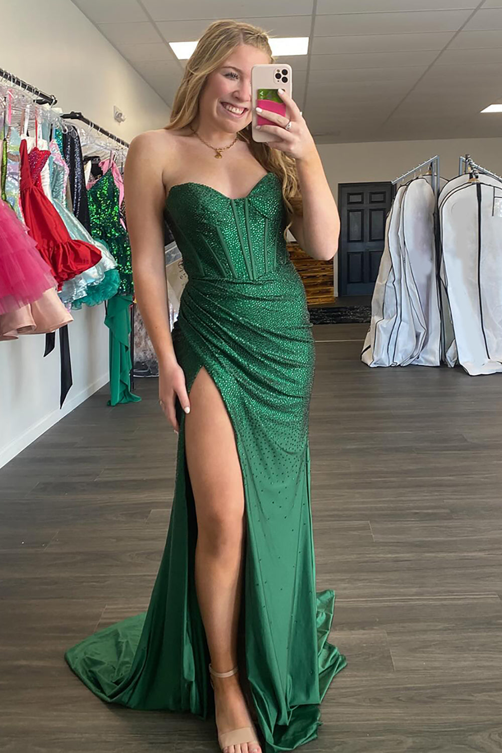 Dreamyannie Dark Green Prom Dress Sweetheart Corset Formal Dress With Slit