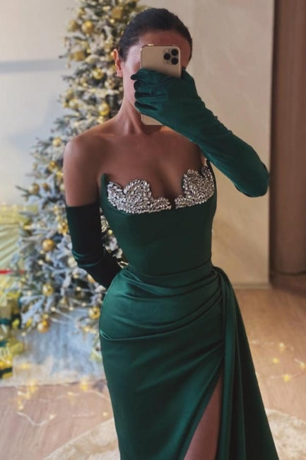 Dreamyannie Dark Green Prom Dress Sweetheart Mermaid Beaded Slit Formal Dress With Rhinestone