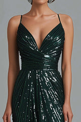 Dreamyannie Dark Green Wedding Guest Dress Mermaid Spaghetti Straps Sequins Long Formal Dress