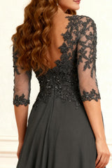 Dreamyannie Dark Grey Sheath Chiffon Floor Length Mother Of The Bride Dress With Cape