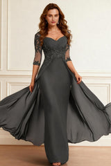 Dreamyannie Dark Grey Sheath Chiffon Floor Length Mother Of The Bride Dress With Cape