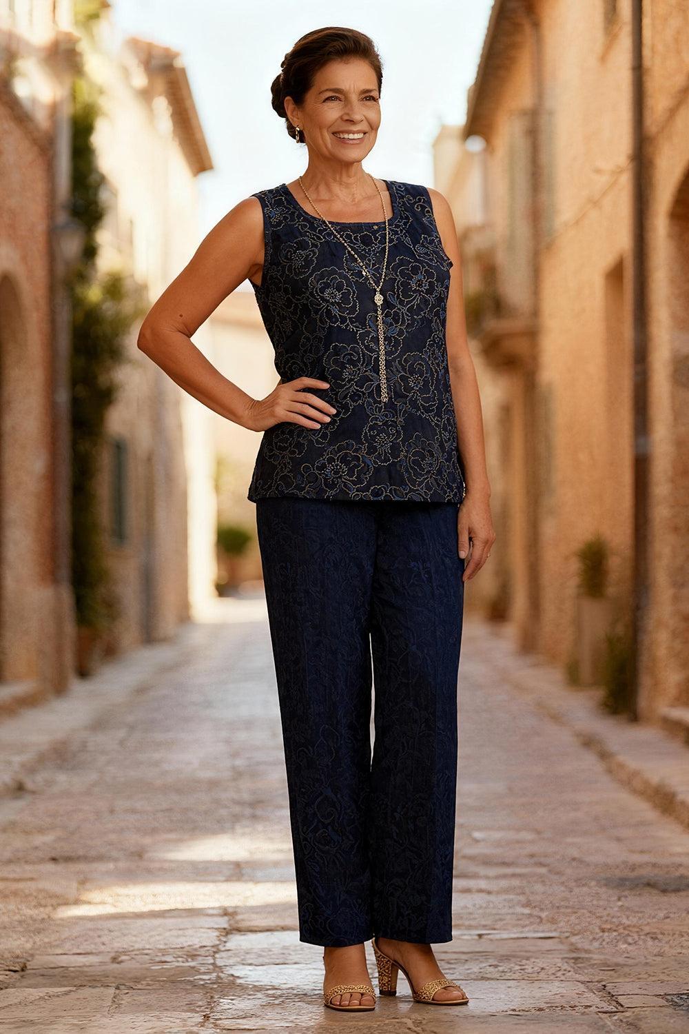 Dreamyannie Dark Navy Lace Floral 3 Piece Mother Of The Bride Pant Suits With Jacket