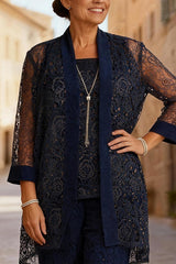 Dreamyannie Dark Navy Lace Floral 3 Piece Mother Of The Bride Pant Suits With Jacket