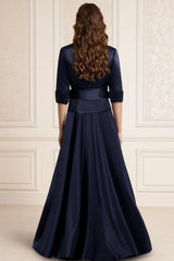 Dreamyannie Dark Navy Satin Lapel 2 Piece Floor Length Mother Of The Bride Pant Suits