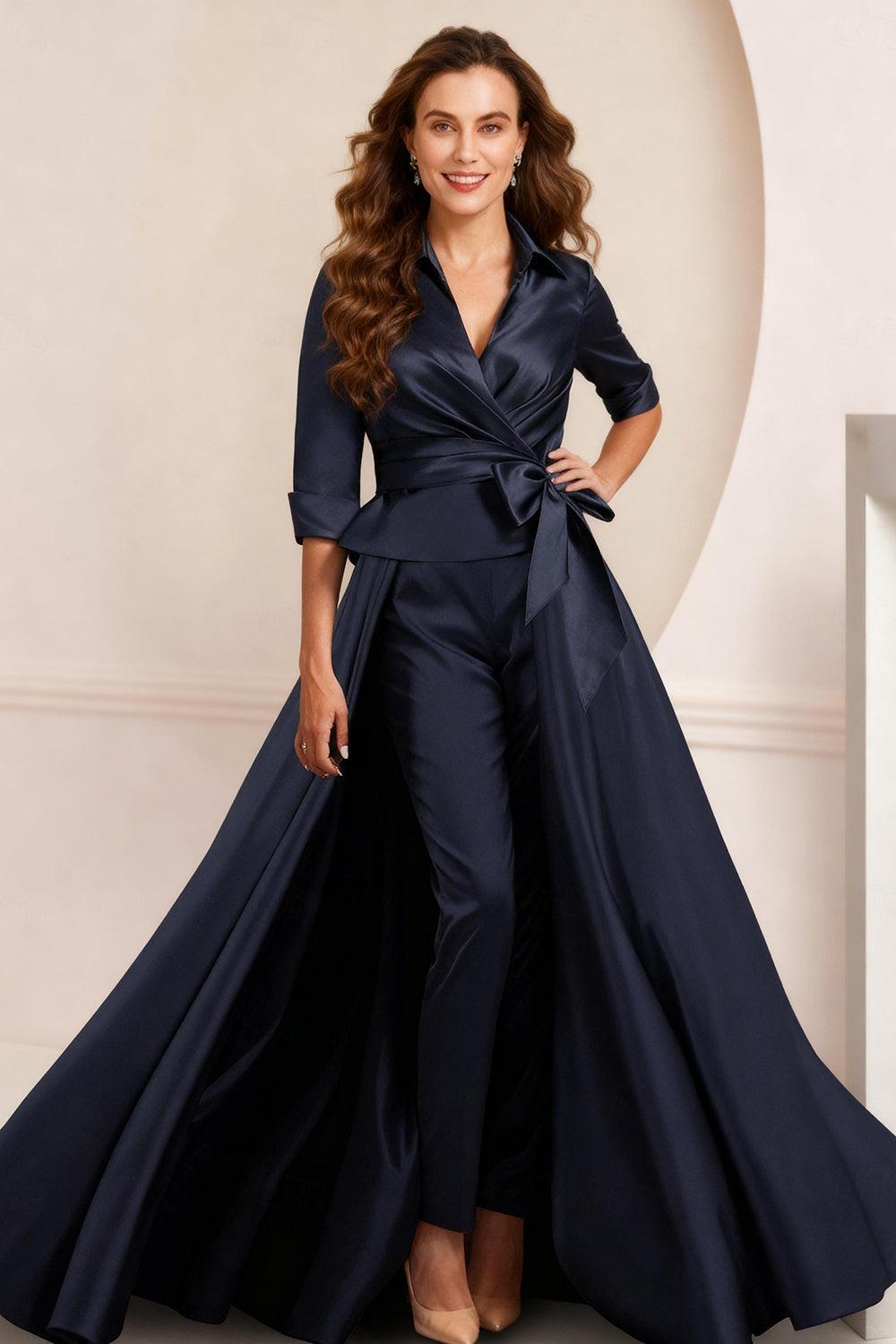Dreamyannie Dark Navy Satin Lapel 2 Piece Floor Length Mother Of The Bride Pant Suits