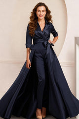 Dreamyannie Dark Navy Satin Lapel 2 Piece Floor Length Mother Of The Bride Pant Suits