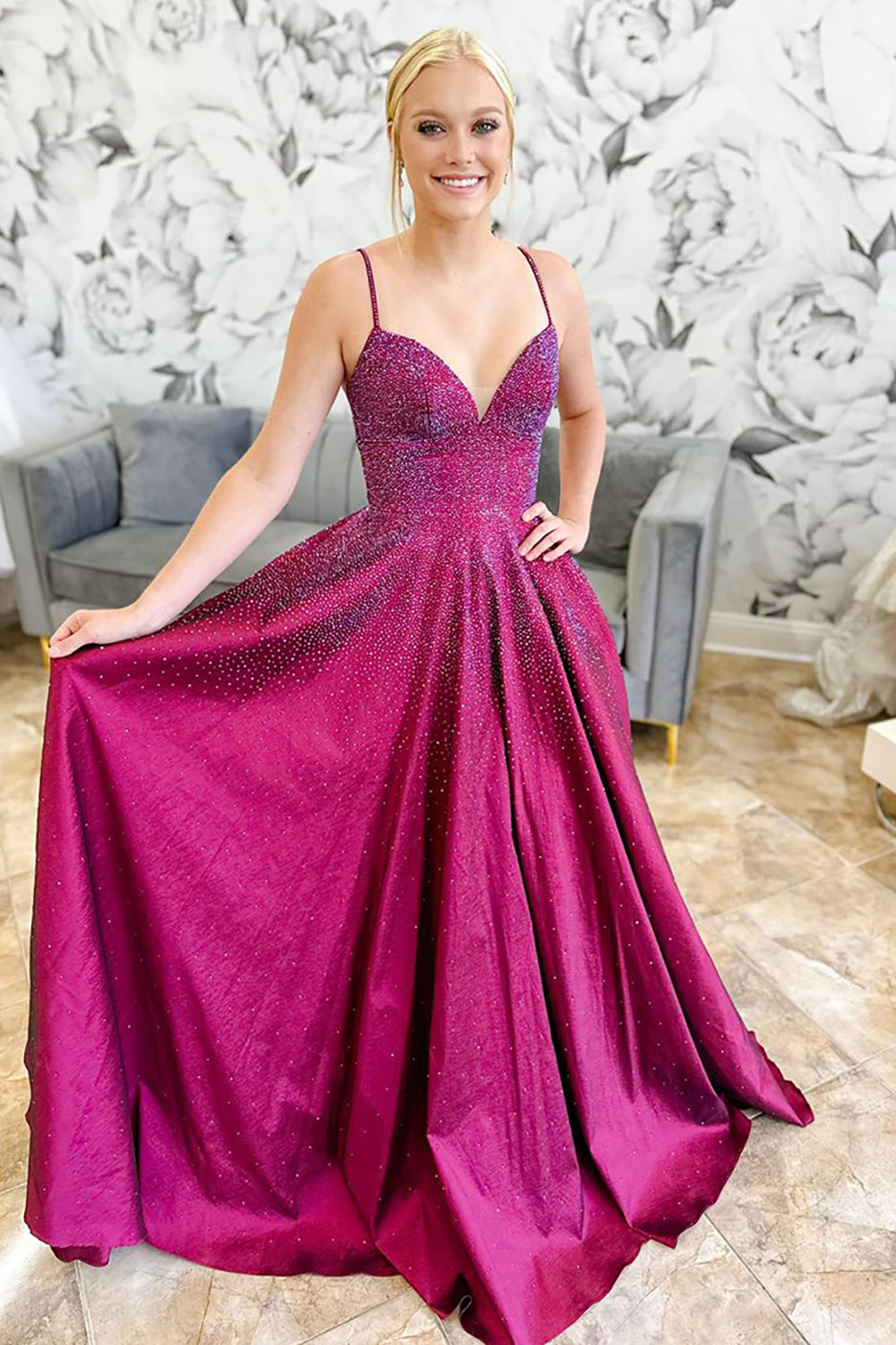 Dreamyannie Dark Purple Prom Dress A-Line Spaghetti Straps Long Formal Dress