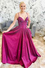 Dreamyannie Dark Purple Prom Dress A-Line Spaghetti Straps Long Formal Dress