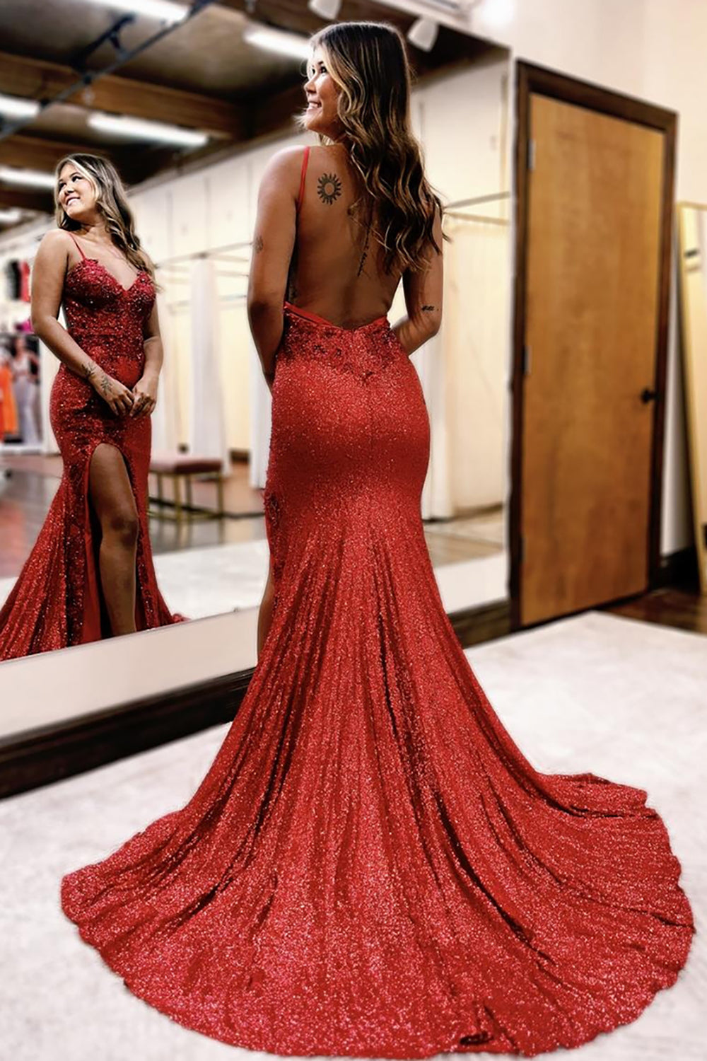 Dreamyannie Dark Red Prom Dress Mermaid Long Lace Formal Dress With Slit
