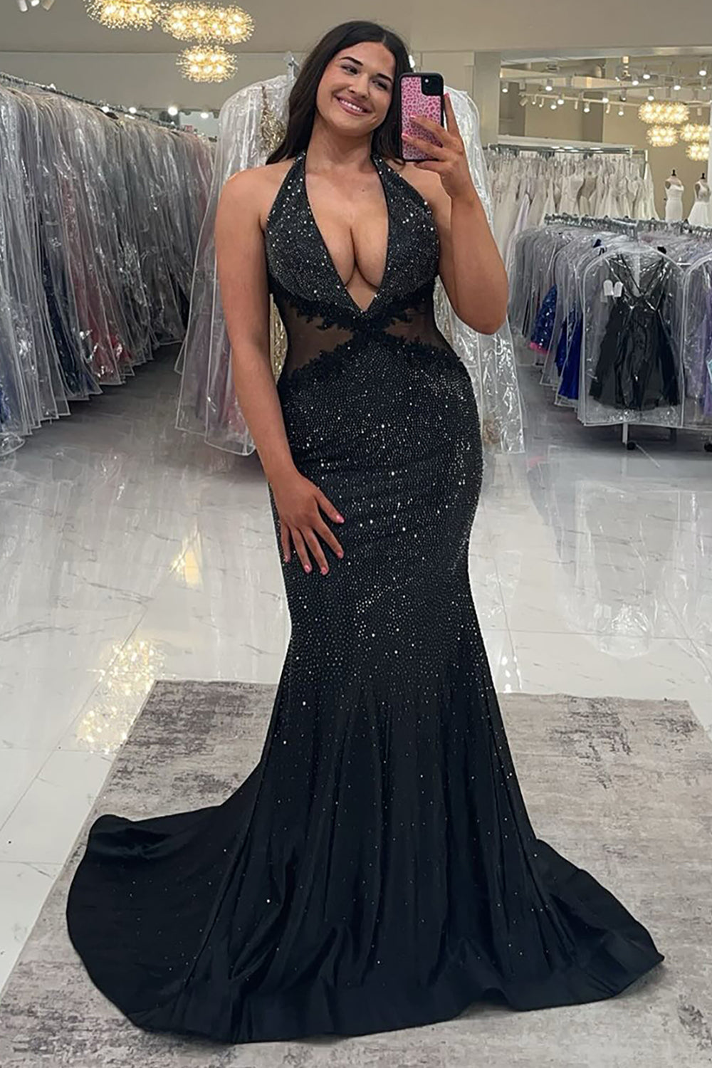 Dreamyannie Deep V-Neck Black Prom Dress Mermaid Formal Dress