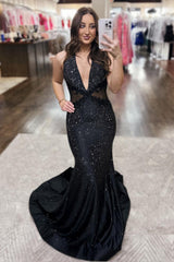 Dreamyannie Deep V-Neck Black Prom Dress Mermaid Formal Dress