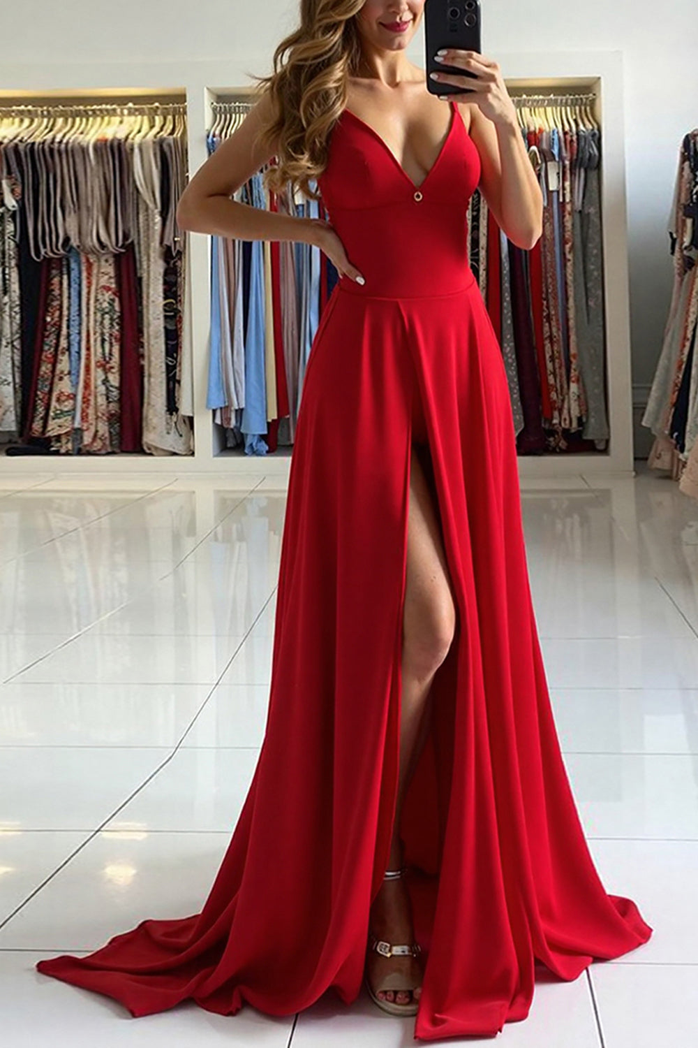 Dreamyannie Deep V-Neck Red Prom Dress A Line Long Formal Dress With Slit