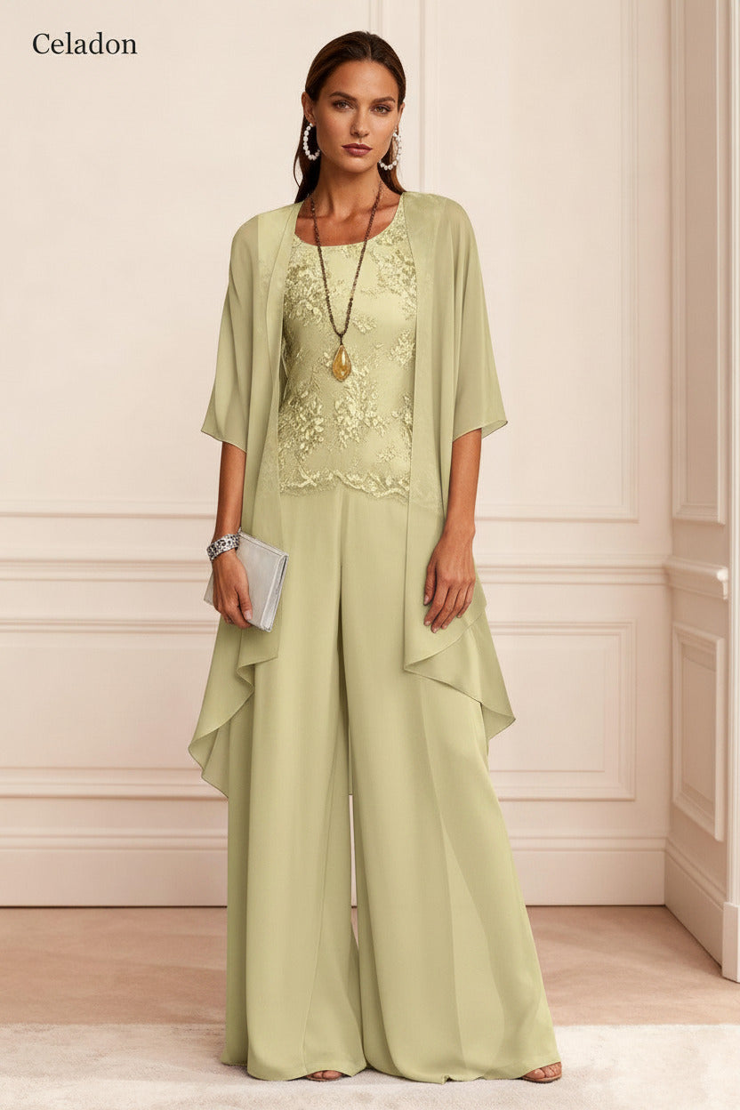 Dreamyannie Dusty Blue Chiffon Appliqued 3 Piece Mother Of The Bride Pant Suits With Jacket