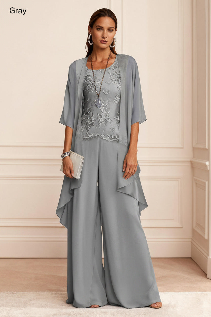 Dreamyannie Dusty Blue Chiffon Appliqued 3 Piece Mother Of The Bride Pant Suits With Jacket