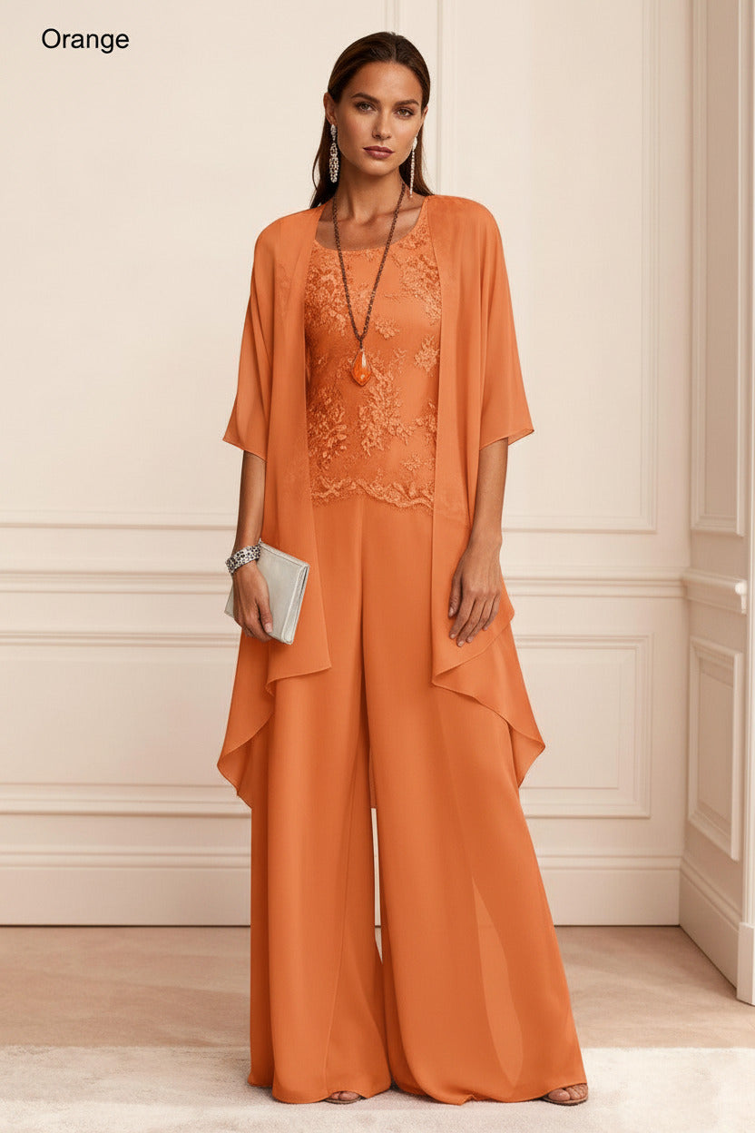 Dreamyannie Dusty Blue Chiffon Appliqued 3 Piece Mother Of The Bride Pant Suits With Jacket