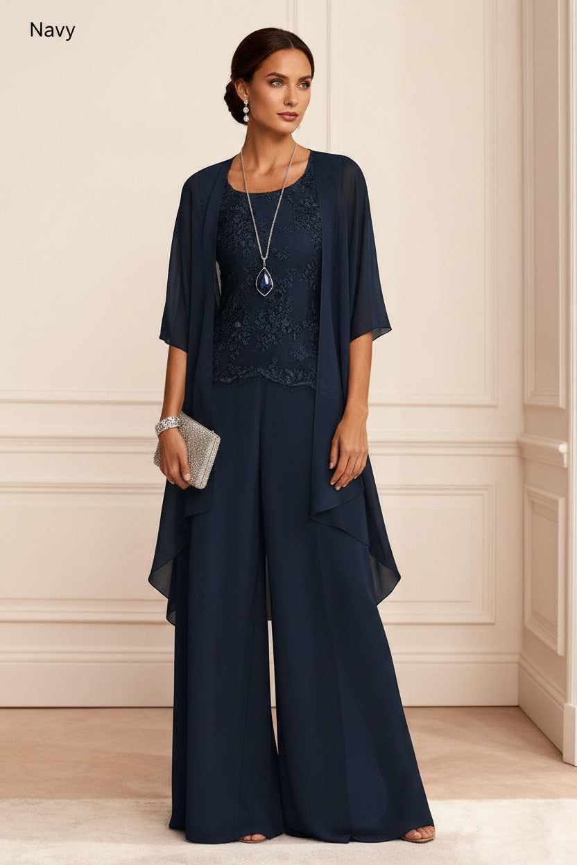 Dreamyannie Dusty Blue Chiffon Appliqued 3 Piece Mother Of The Bride Pant Suits With Jacket
