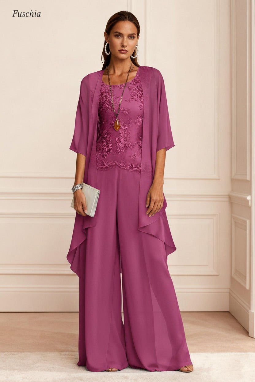 Dreamyannie Dusty Blue Chiffon Appliqued 3 Piece Mother Of The Bride Pant Suits With Jacket