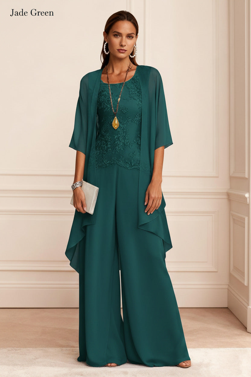 Dreamyannie Dusty Blue Chiffon Appliqued 3 Piece Mother Of The Bride Pant Suits With Jacket