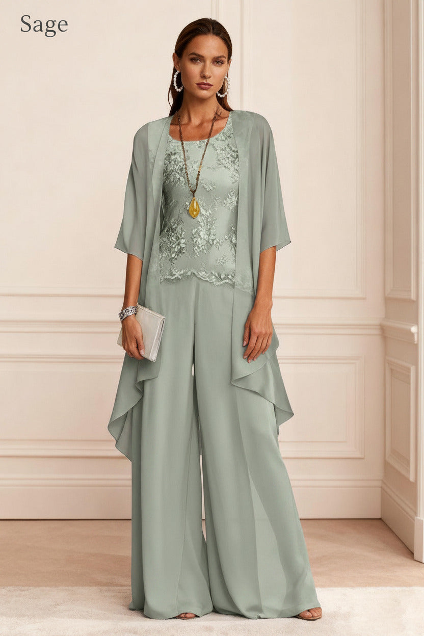 Dreamyannie Dusty Blue Chiffon Appliqued 3 Piece Mother Of The Bride Pant Suits With Jacket