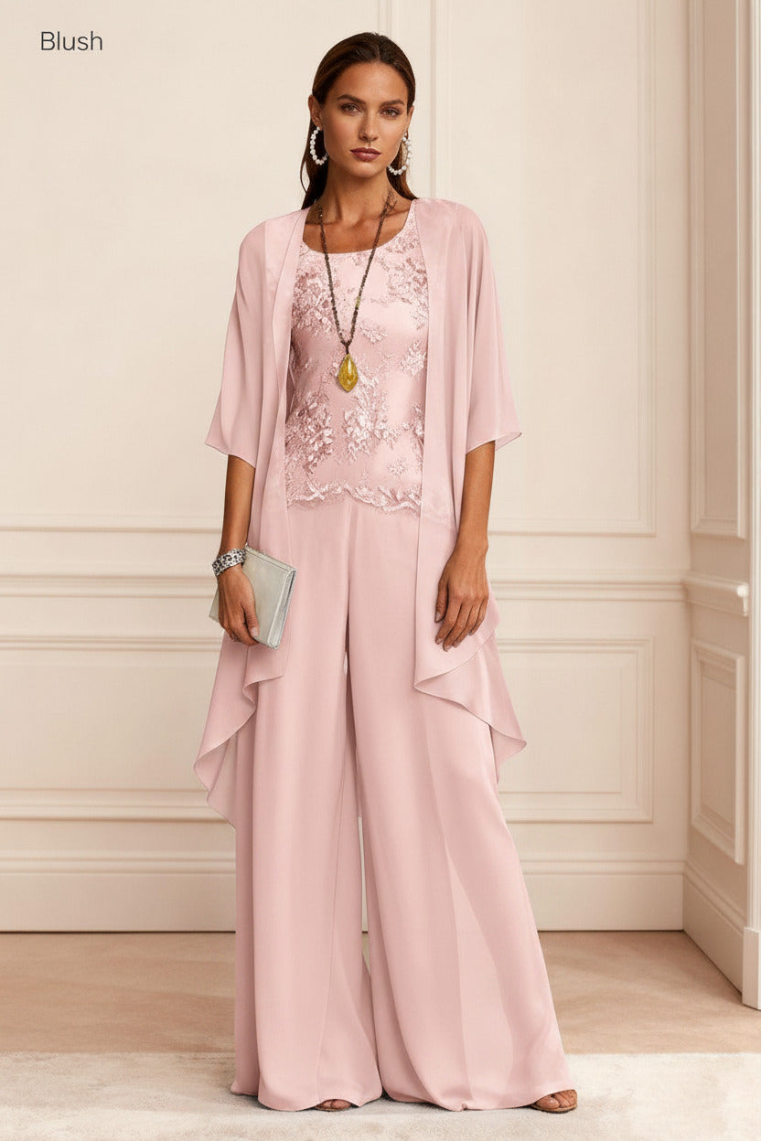 Dreamyannie Dusty Blue Chiffon Appliqued 3 Piece Mother Of The Bride Pant Suits With Jacket