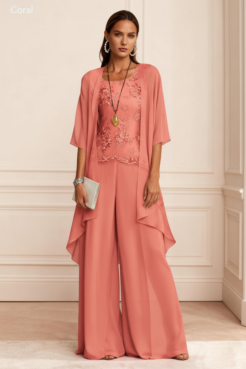 Dreamyannie Dusty Blue Chiffon Appliqued 3 Piece Mother Of The Bride Pant Suits With Jacket