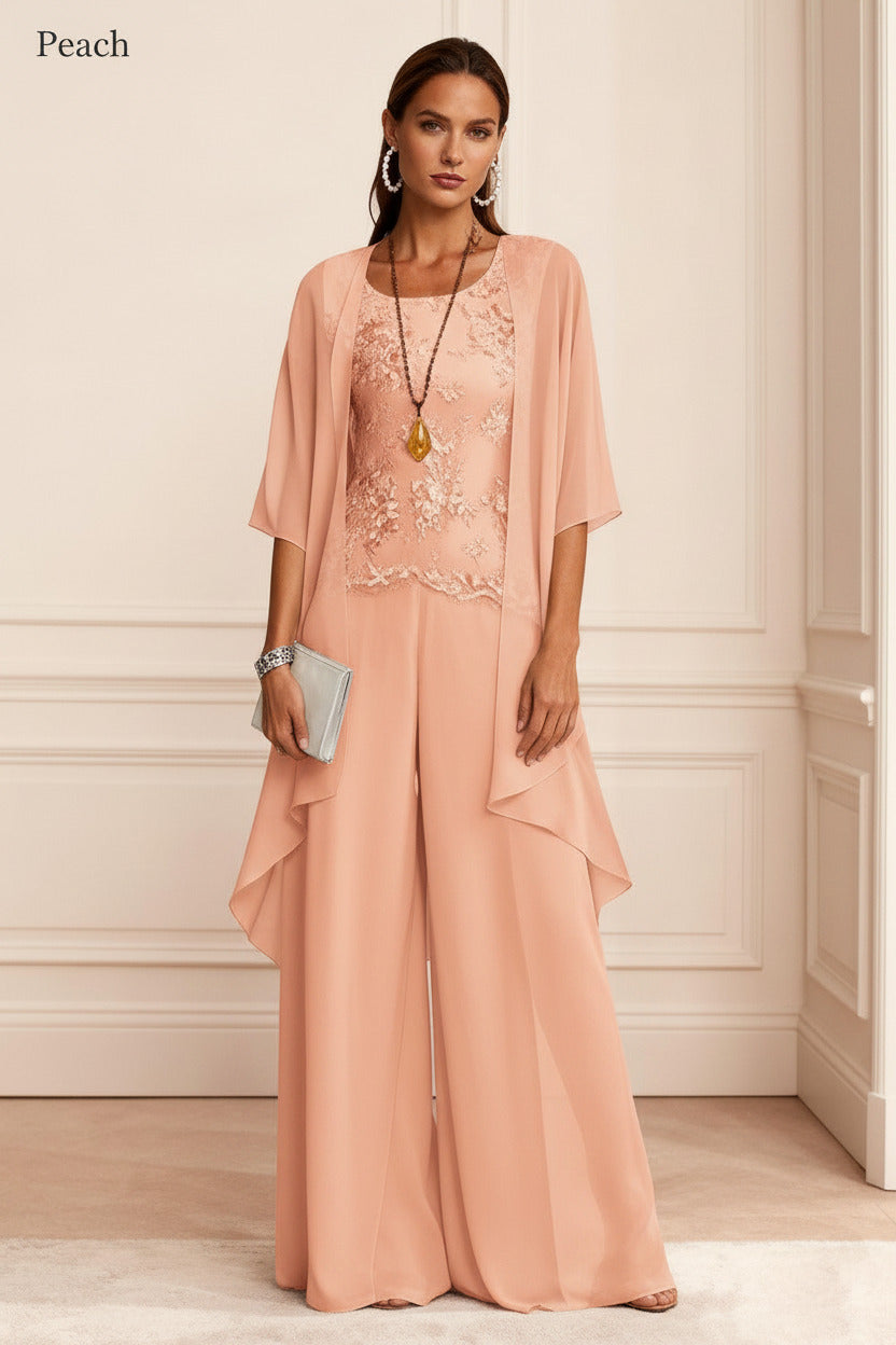 Dreamyannie Dusty Blue Chiffon Appliqued 3 Piece Mother Of The Bride Pant Suits With Jacket