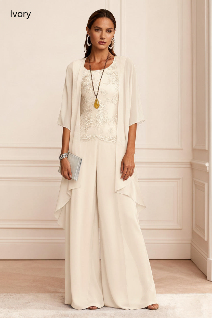 Dreamyannie Dusty Blue Chiffon Appliqued 3 Piece Mother Of The Bride Pant Suits With Jacket