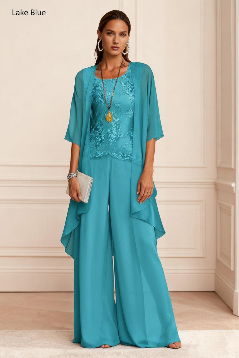 Dreamyannie Dusty Blue Chiffon Appliqued 3 Piece Mother Of The Bride Pant Suits With Jacket