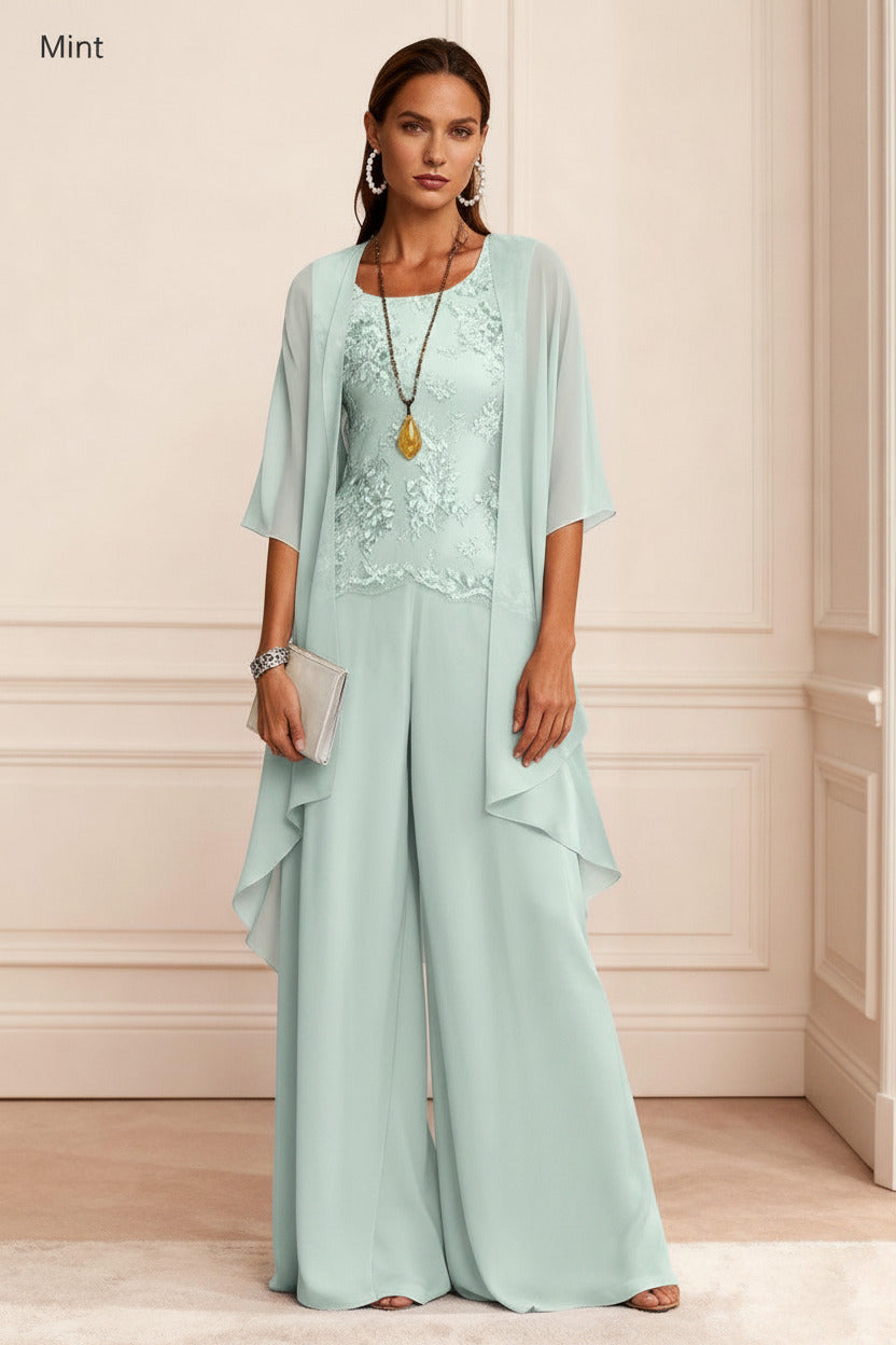 Dreamyannie Dusty Blue Chiffon Appliqued 3 Piece Mother Of The Bride Pant Suits With Jacket