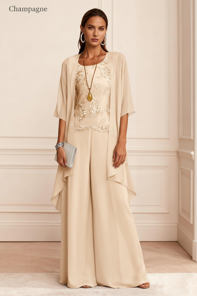 Dreamyannie Dusty Blue Chiffon Appliqued 3 Piece Mother Of The Bride Pant Suits With Jacket