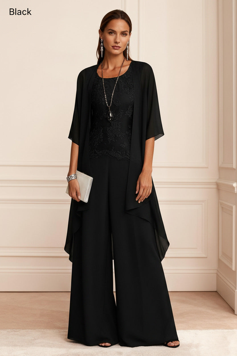 Dreamyannie Dusty Blue Chiffon Appliqued 3 Piece Mother Of The Bride Pant Suits With Jacket