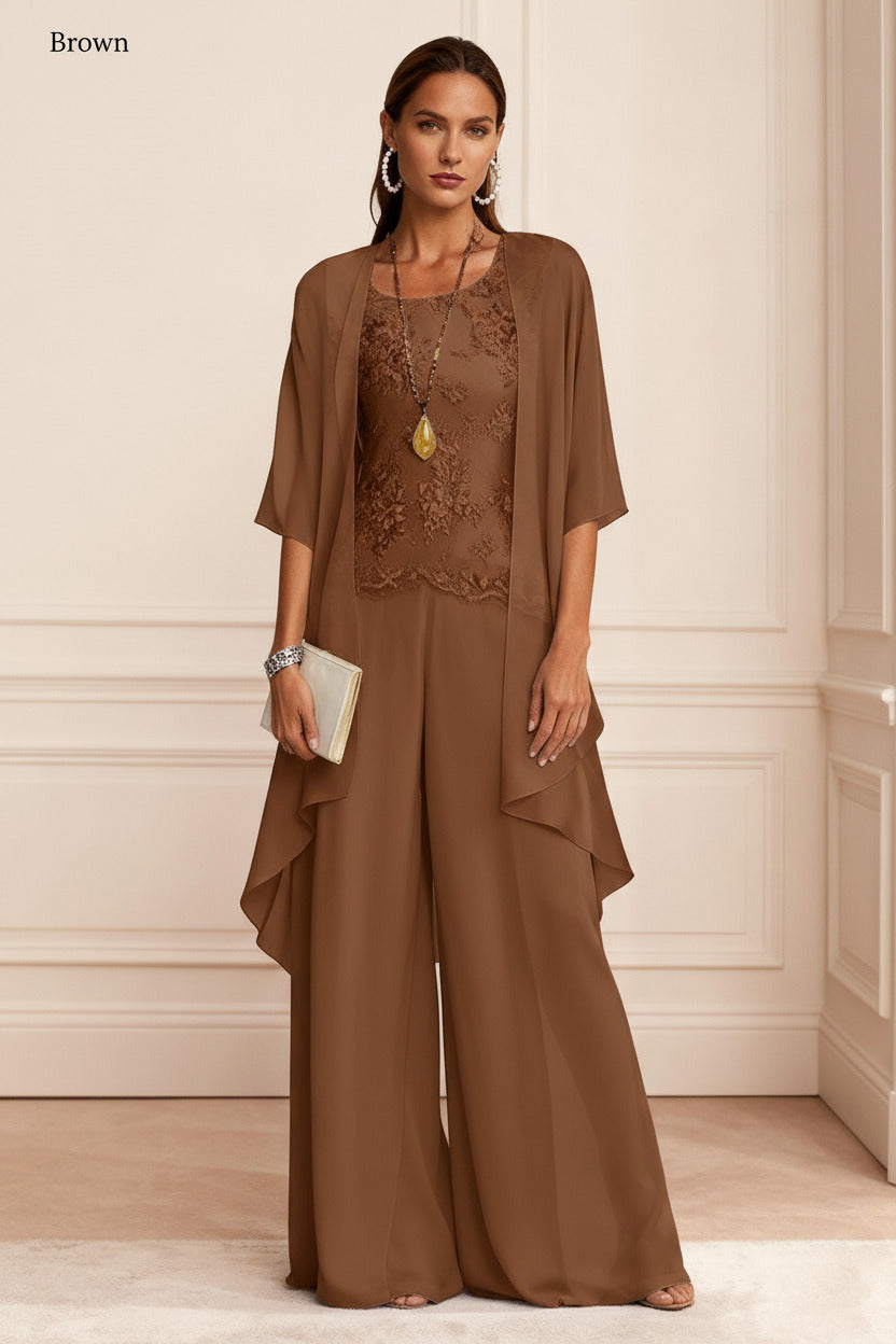 Dreamyannie Dusty Blue Chiffon Appliqued 3 Piece Mother Of The Bride Pant Suits With Jacket